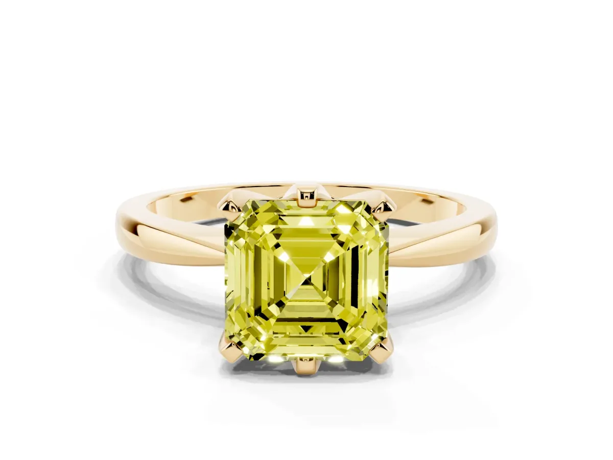 Fancy Yellow Asscher Cut Solitaire Engagement Ring with Six-Prong Setting and Tapered Band Yellow gold