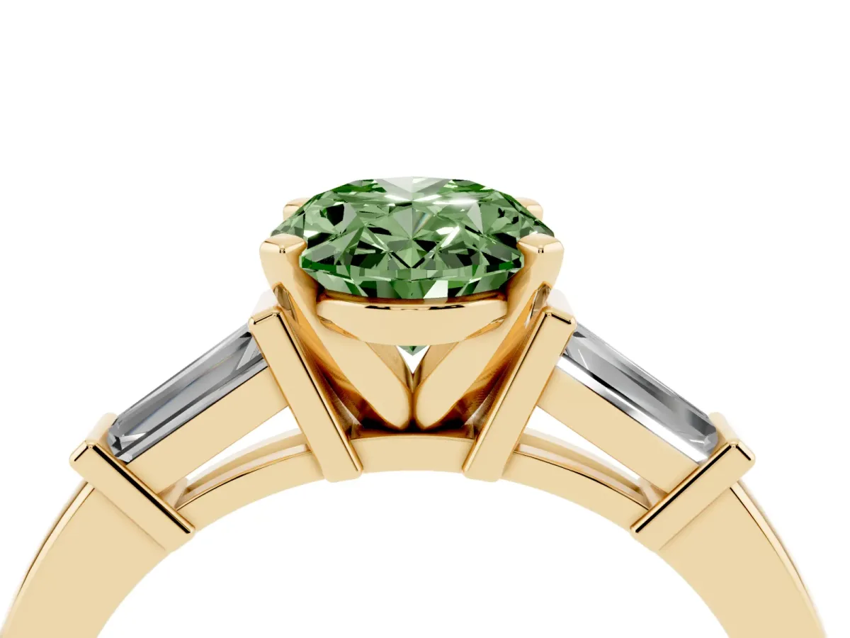Fancy Green Oval Cut Cut Diamond Solitaire Ring with Tapered Baguette Accents and Four-Prong Setting Yellow gold