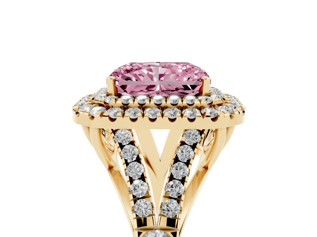Fancy Pink Radiant Cut Diamond Pavé Split Shank Double Halo Engagement Ring Yellow gold