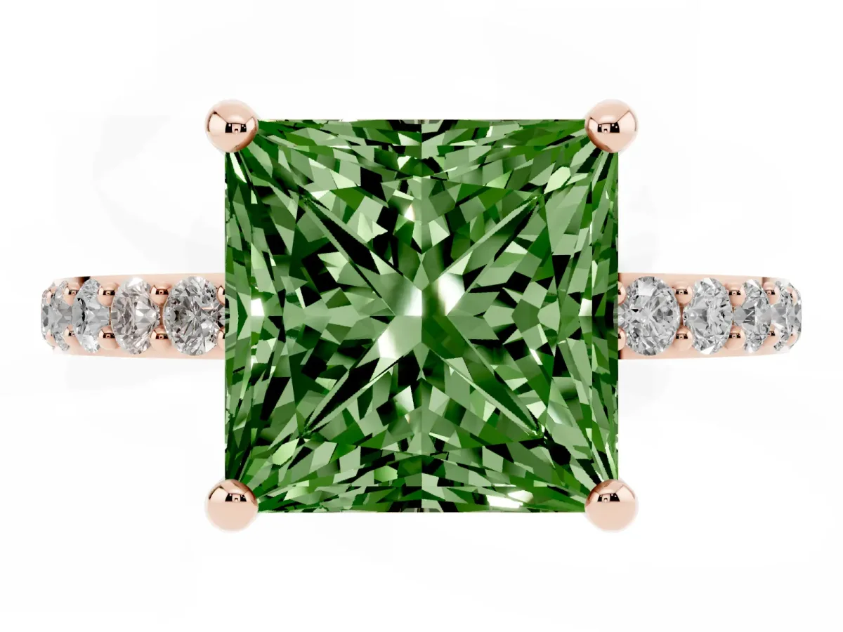 Fancy Green Princess Cut Diamond Solitaire Ring with Round Pavé Band and Prong Setting Rose gold