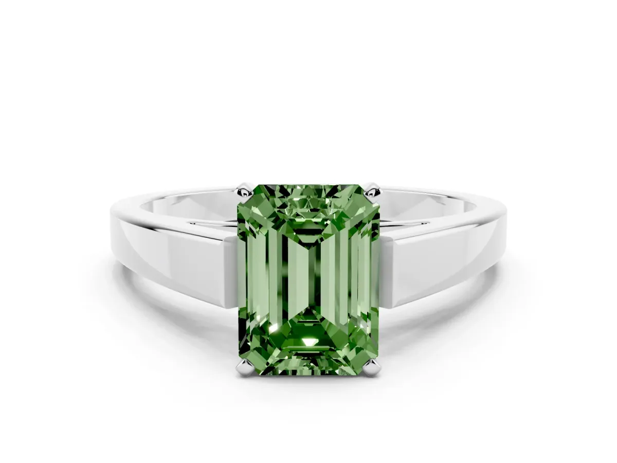 Fancy Green Emerald Cut Solitaire Engagement Ring with Four-Prong Setting and Tapered Band Silver