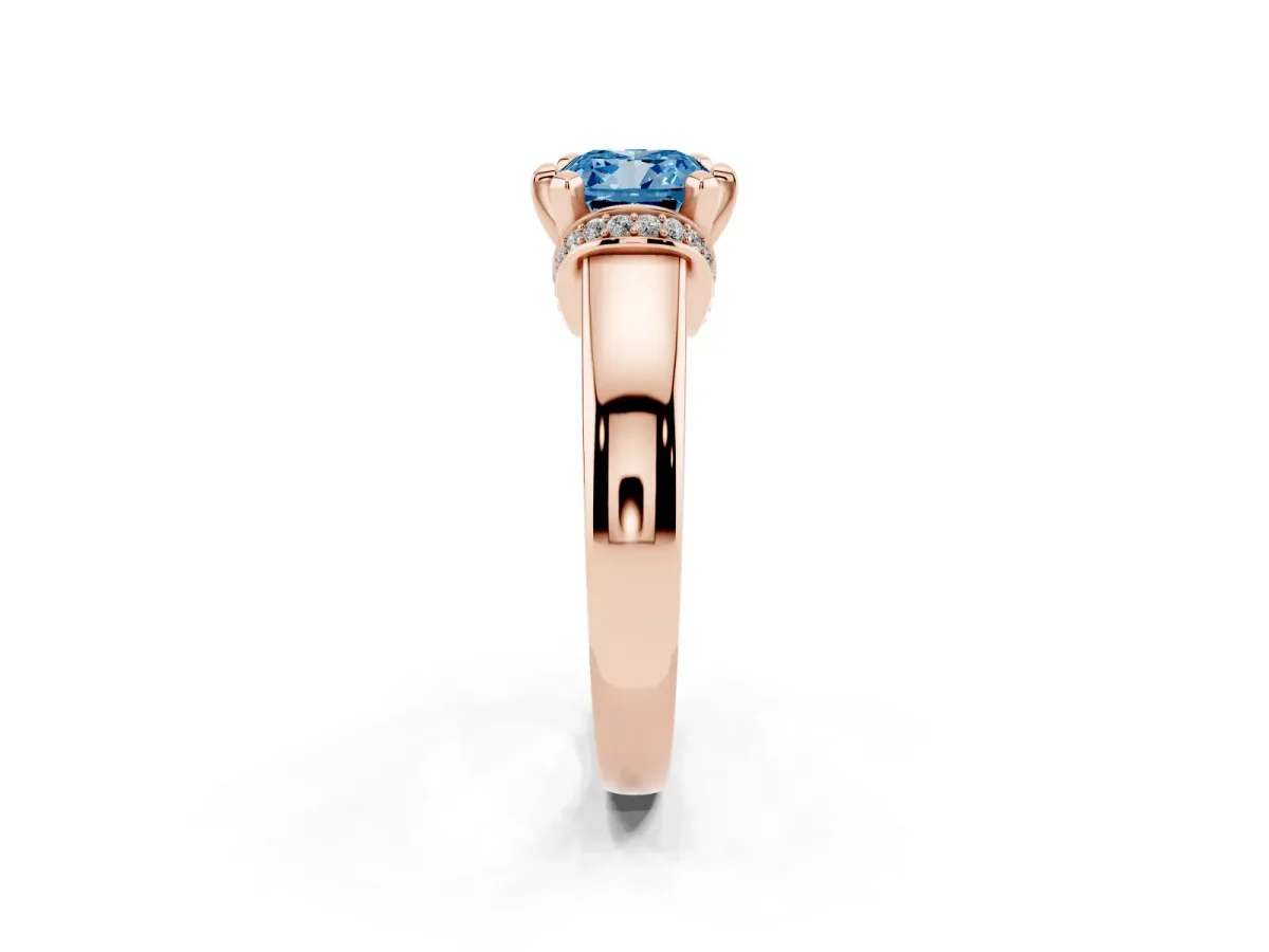 Fancy Blue Cushion Cut Solitaire Diamond Ring with Pave Band and Six-Prong Setting Rose gold