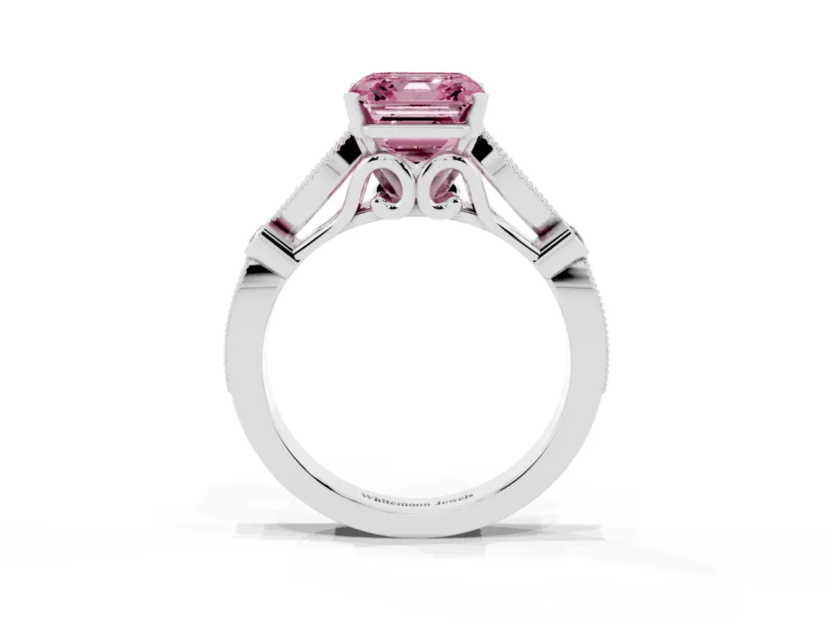 Fancy Pink Asscher Cut Cut Diamond with Milgrain Marquise and Bezel Accents on a Solitaire Band with Prong Setting Platinum