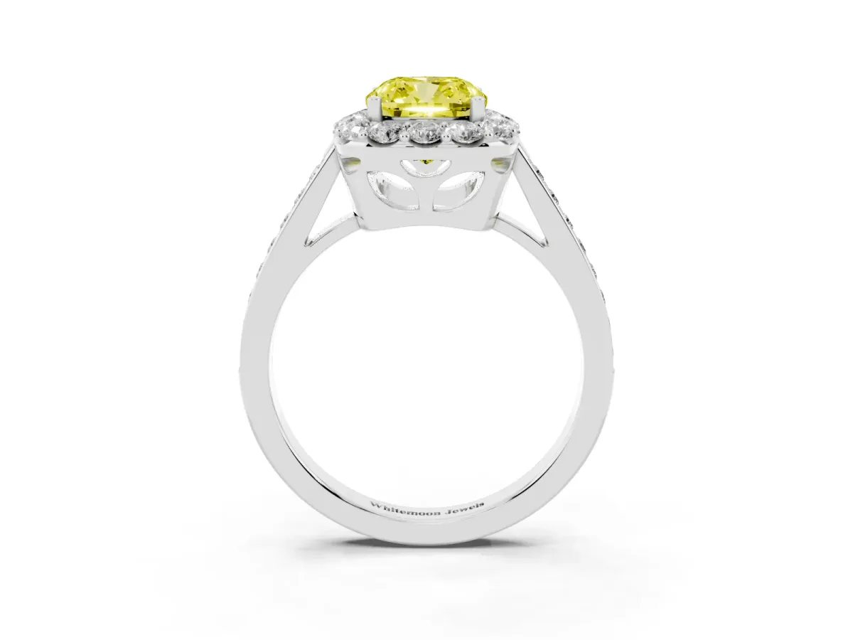 Fancy Yellow Cushion Cut Diamond Floral Halo Ring with Pavé Band and Prong Setting Platinum