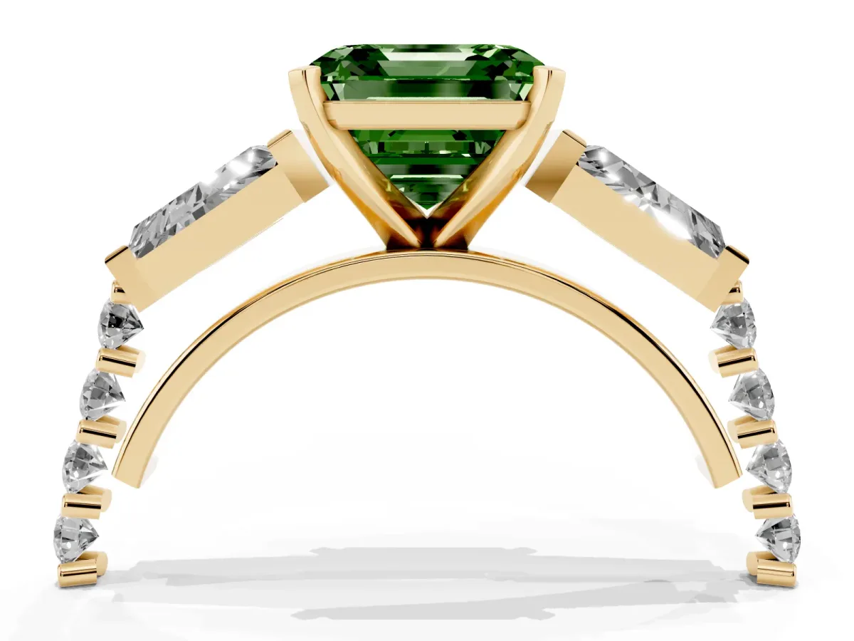 Fancy Green Asscher Cut Diamond Engagement Ring with Baguette Side Stones and Channel Set Band Yellow gold