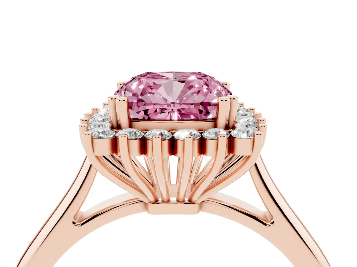 Fancy Pink Cushion Cut Cut Diamond Halo Ring with Solitaire Band and Prong Setting Rose gold