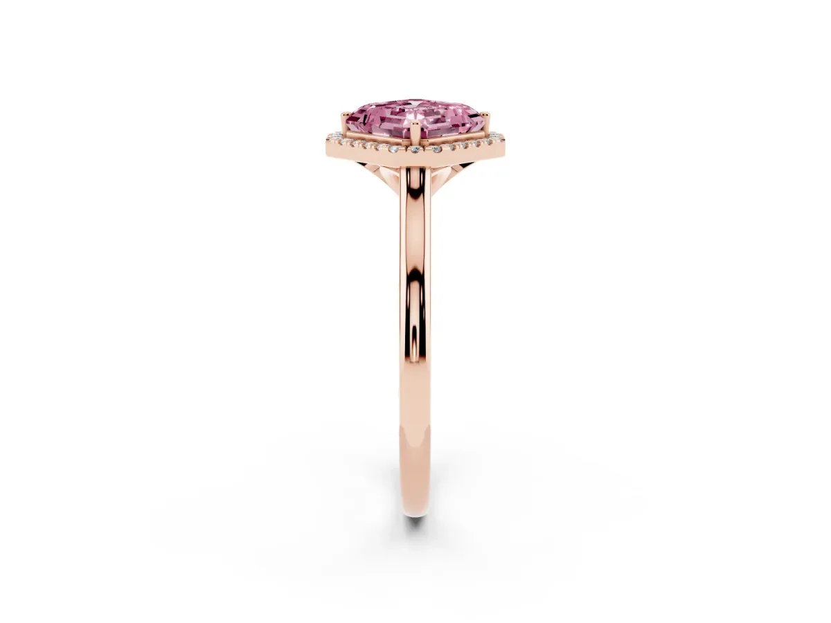 Fancy Pink Asscher Cut Halo Round Diamond Solitaire Engagement Ring with Pave Band and Four-Prong Setting Rose gold