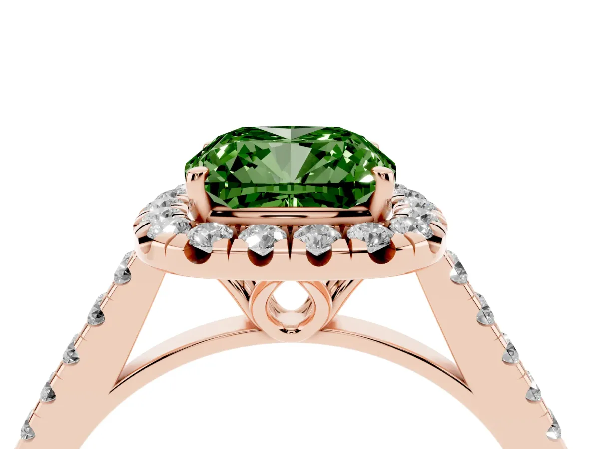 Fancy Green Cushion Cut Halo Pavé Diamond Engagement Ring with Four-Prong Setting Rose gold