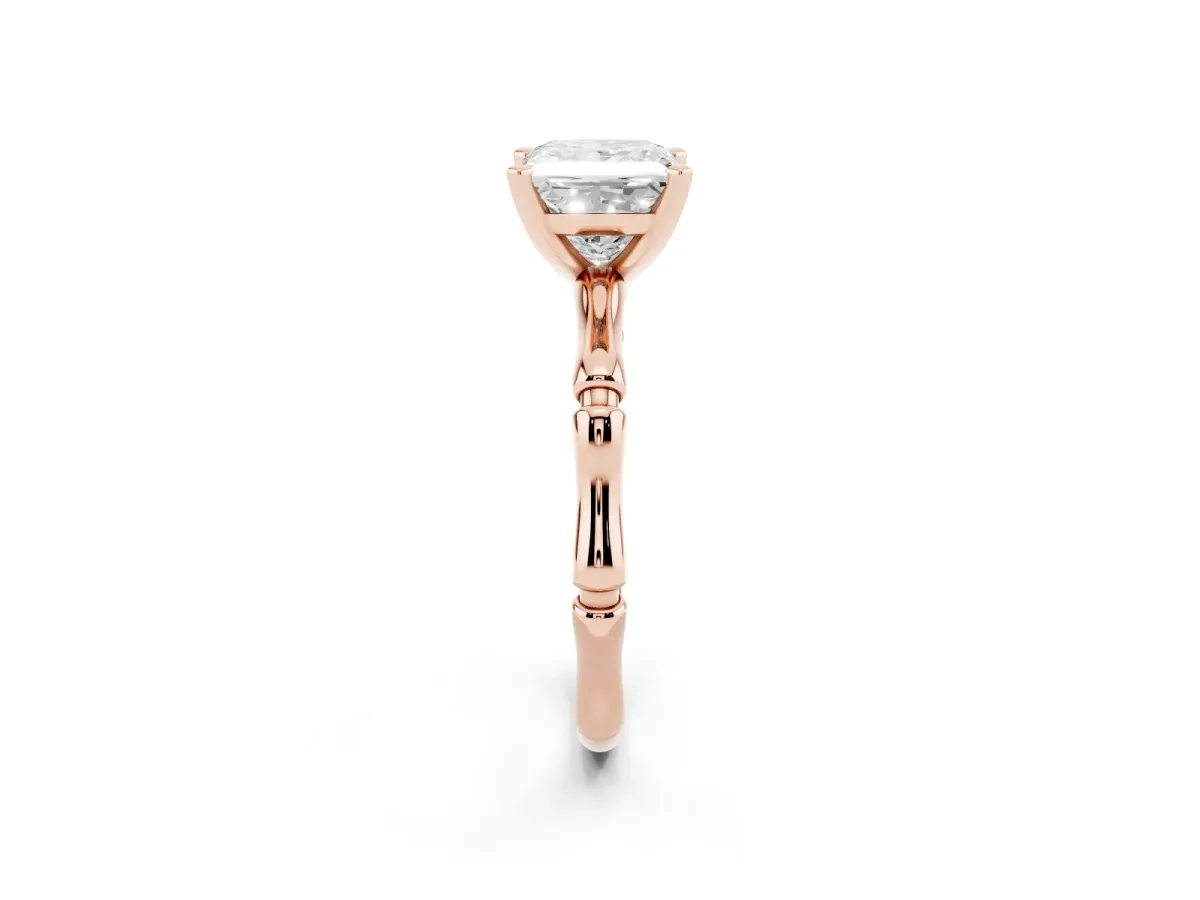Princess Cut Solitaire Diamond Ring with Bamboo Band and Four-Prong Setting Rose gold