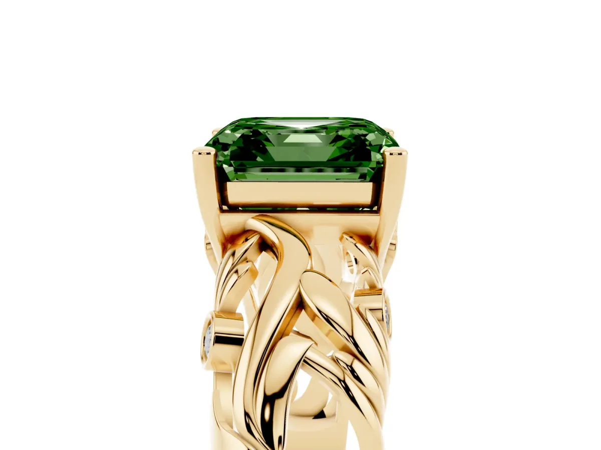 Fancy Green Asscher Cut Solitaire Diamond Leaf-Inspired Vine Band Ring with Prong Setting Yellow gold