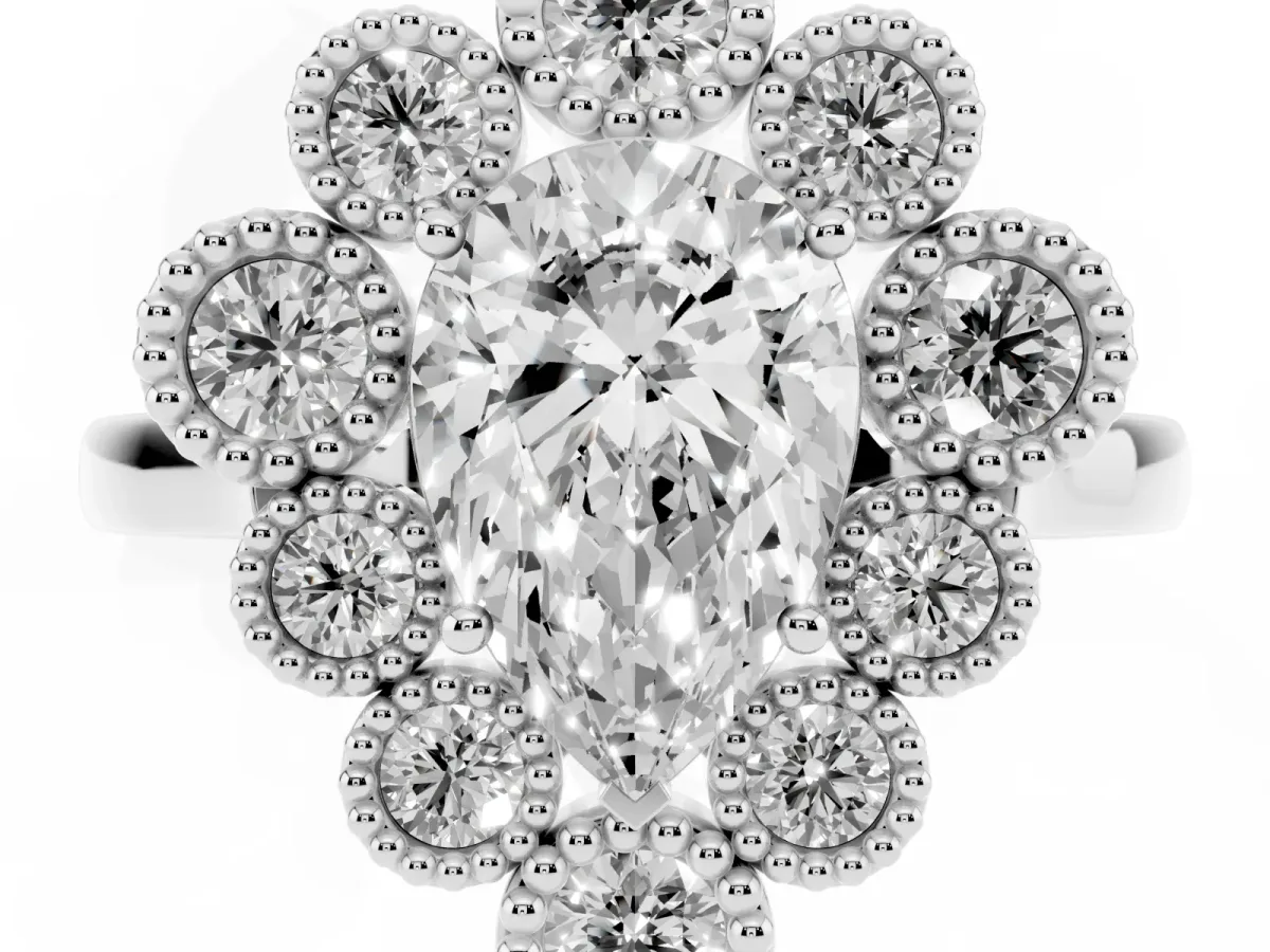 Pear Cut Halo Diamond Cluster Engagement Ring with Milgrain Bezel Setting and Solitaire Band Platinum