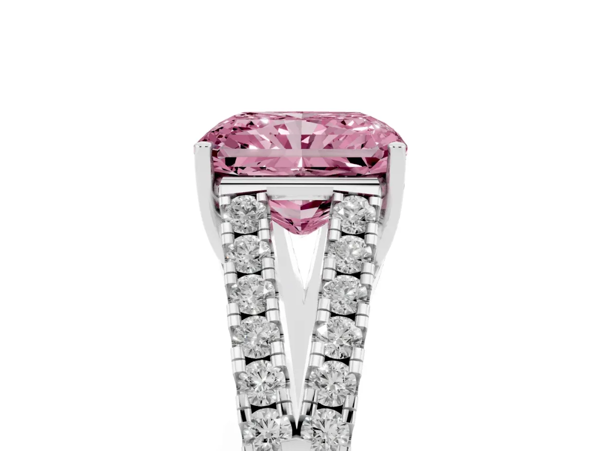 Fancy Pink Radiant Cut Diamond Split Shank Engagement Ring with Round Pavé and Prong Setting Silver