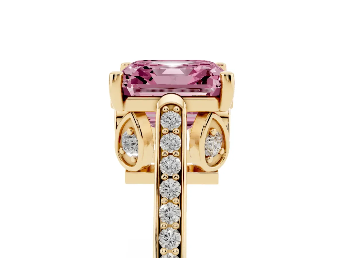 Fancy Pink Asscher Cut Cut Cathedral Pave Diamond Engagement Ring with Six-Prong Setting Yellow gold