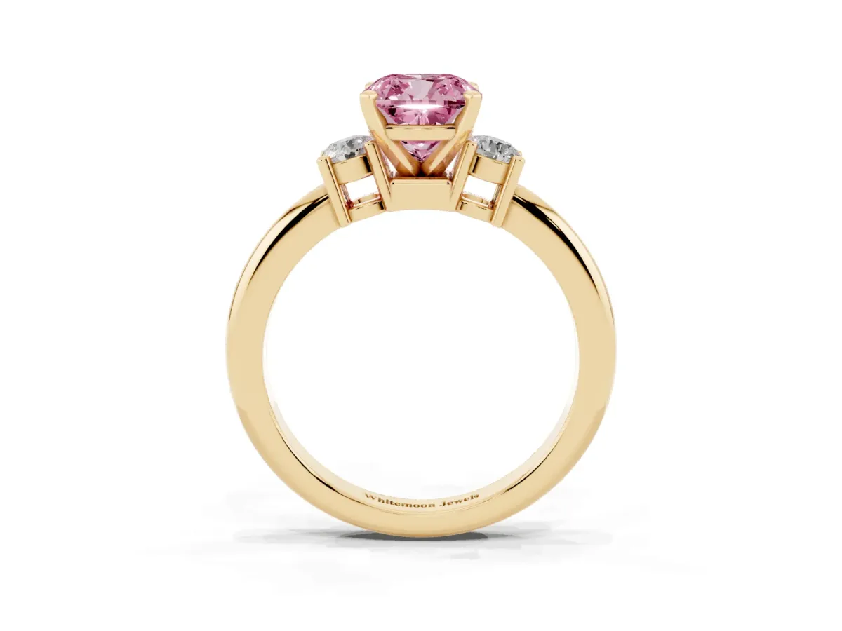 Fancy Pink Three-Stone Cushion Cut Cut Diamond Solitaire with Prong Setting and Classic Band Yellow gold