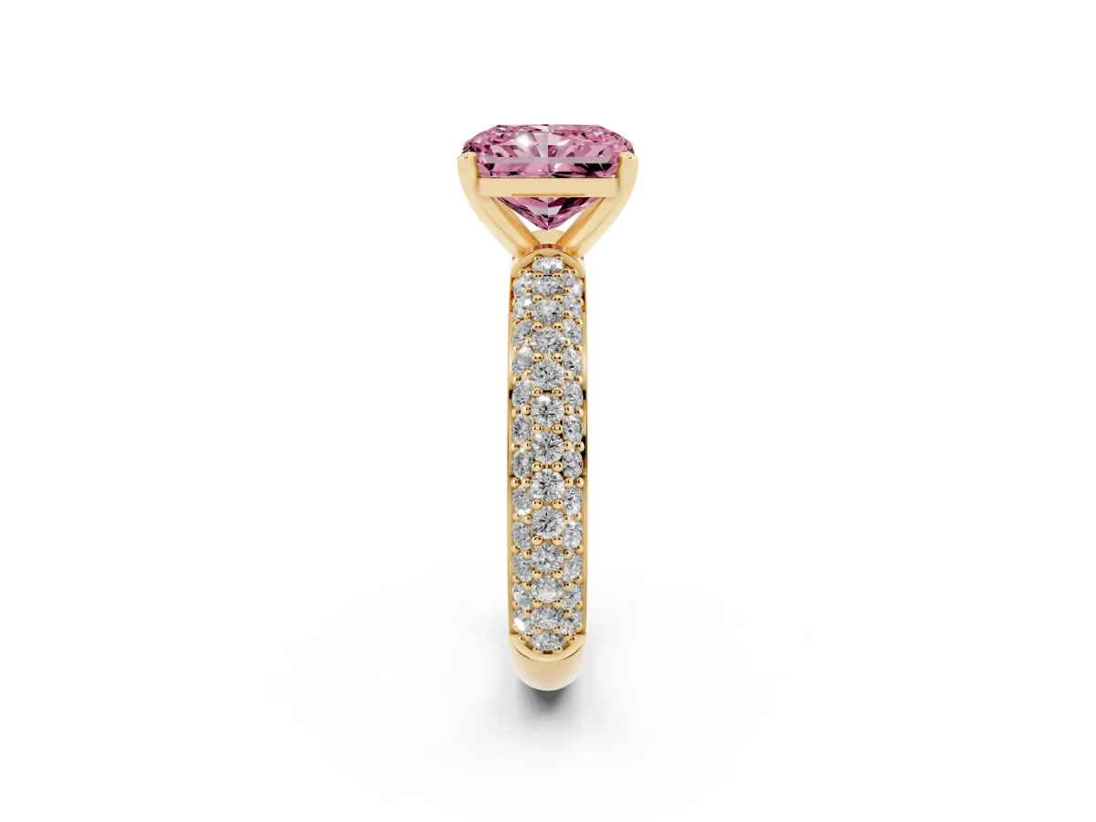 Fancy Pink Radiant Cut Diamond Solitaire Ring with Prong Setting and Pavé Band Yellow gold
