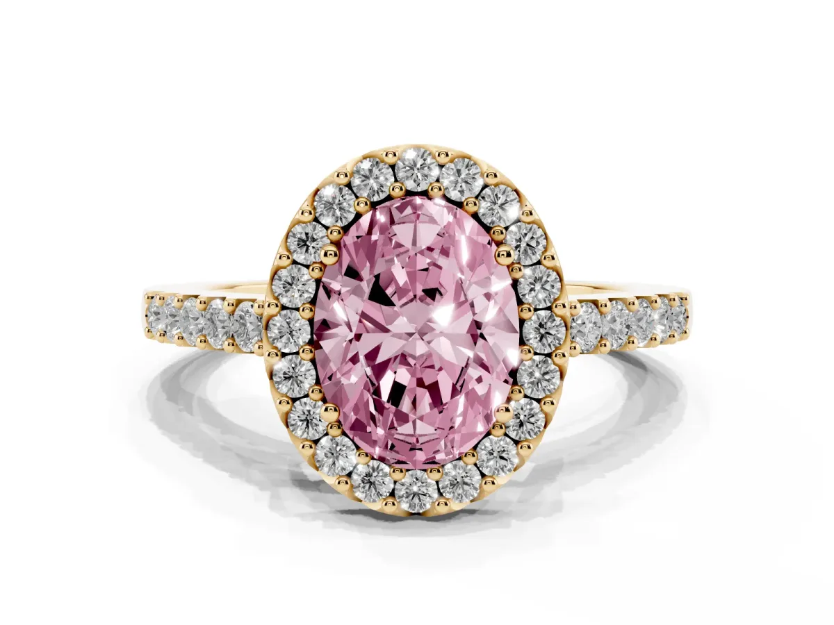 Fancy Pink Oval Cut Halo Diamond Pavé Solitaire Ring Yellow gold
