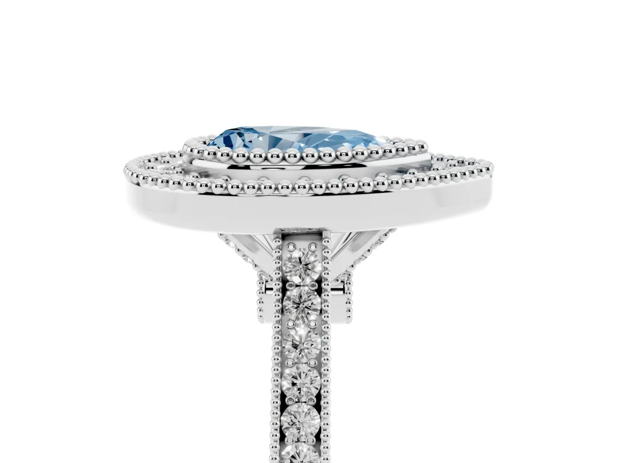 Fancy Blue Pear Cut Diamond Halo Ring with Milgrain Frame and Pavé Band Silver