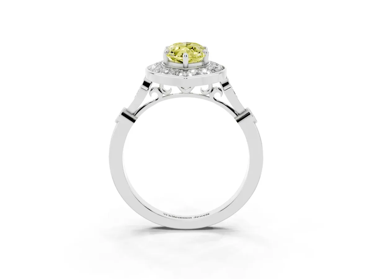 Fancy Yellow Marquise Cut Halo Diamond Engagement Ring with Twisted Band and Four-Prong Setting Silver