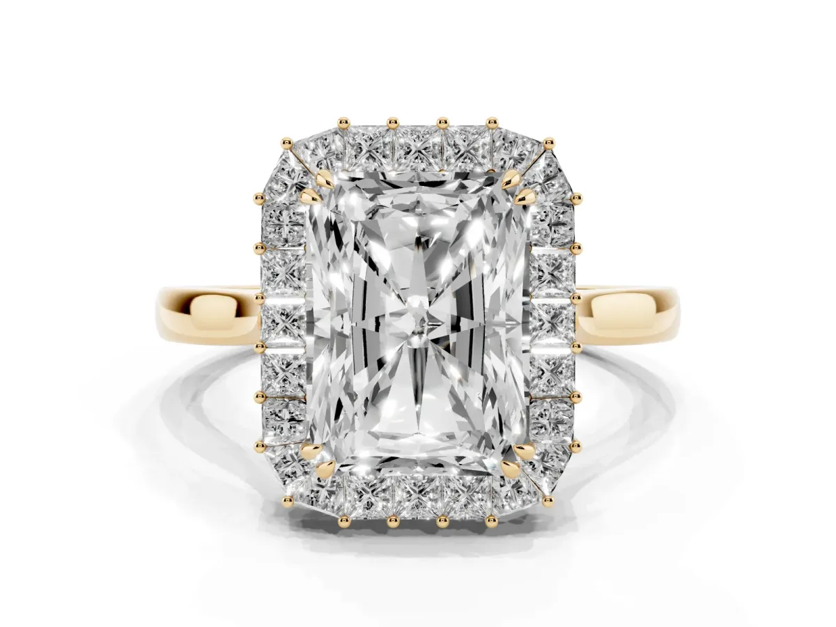 Radiant Diamond Baguette Halo Engagement Ring Yellow gold