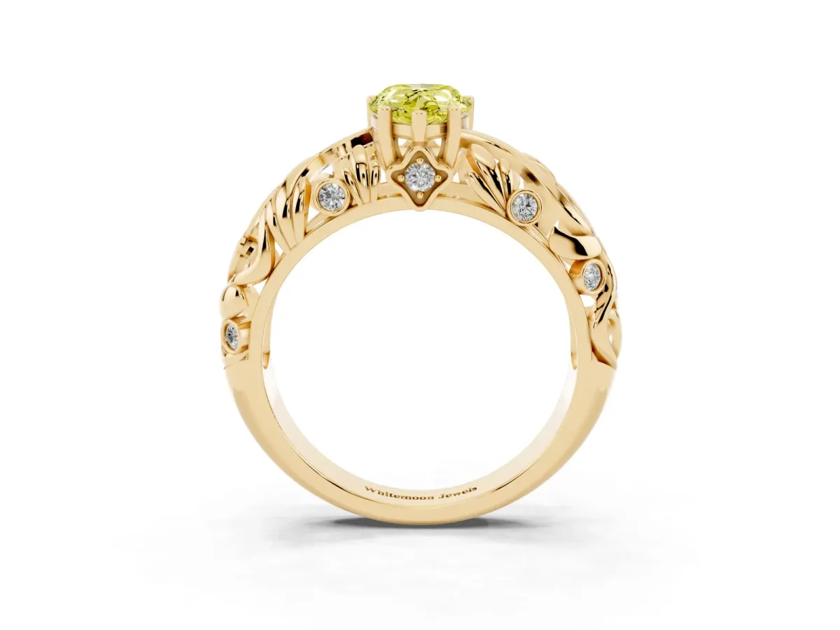 Fancy Yellow Pear Cut Solitaire Diamond Leaf-Inspired Vine Band Ring with Prong Setting Yellow gold