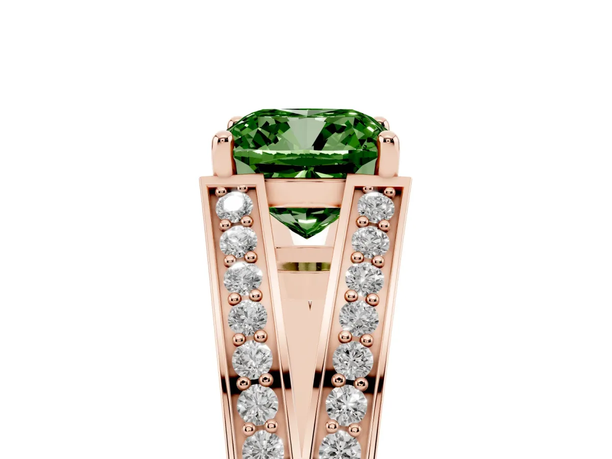 Fancy Green Cushion Cut Diamond Split Shank Ring with Pavé Band and Four-Prong Setting Rose gold