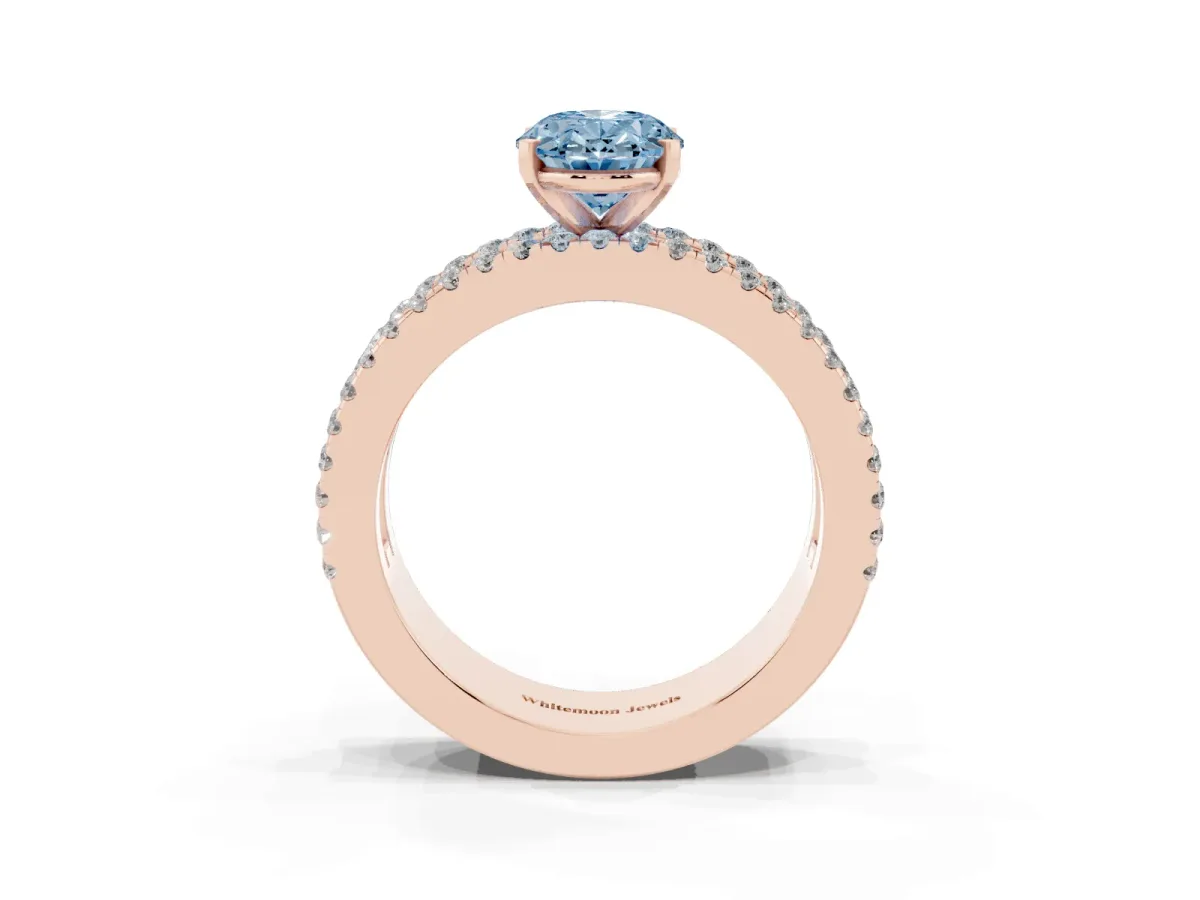 Fancy Blue Oval Cut Diamond Solitaire Ring with Pavé and Channel Set Band Rose gold
