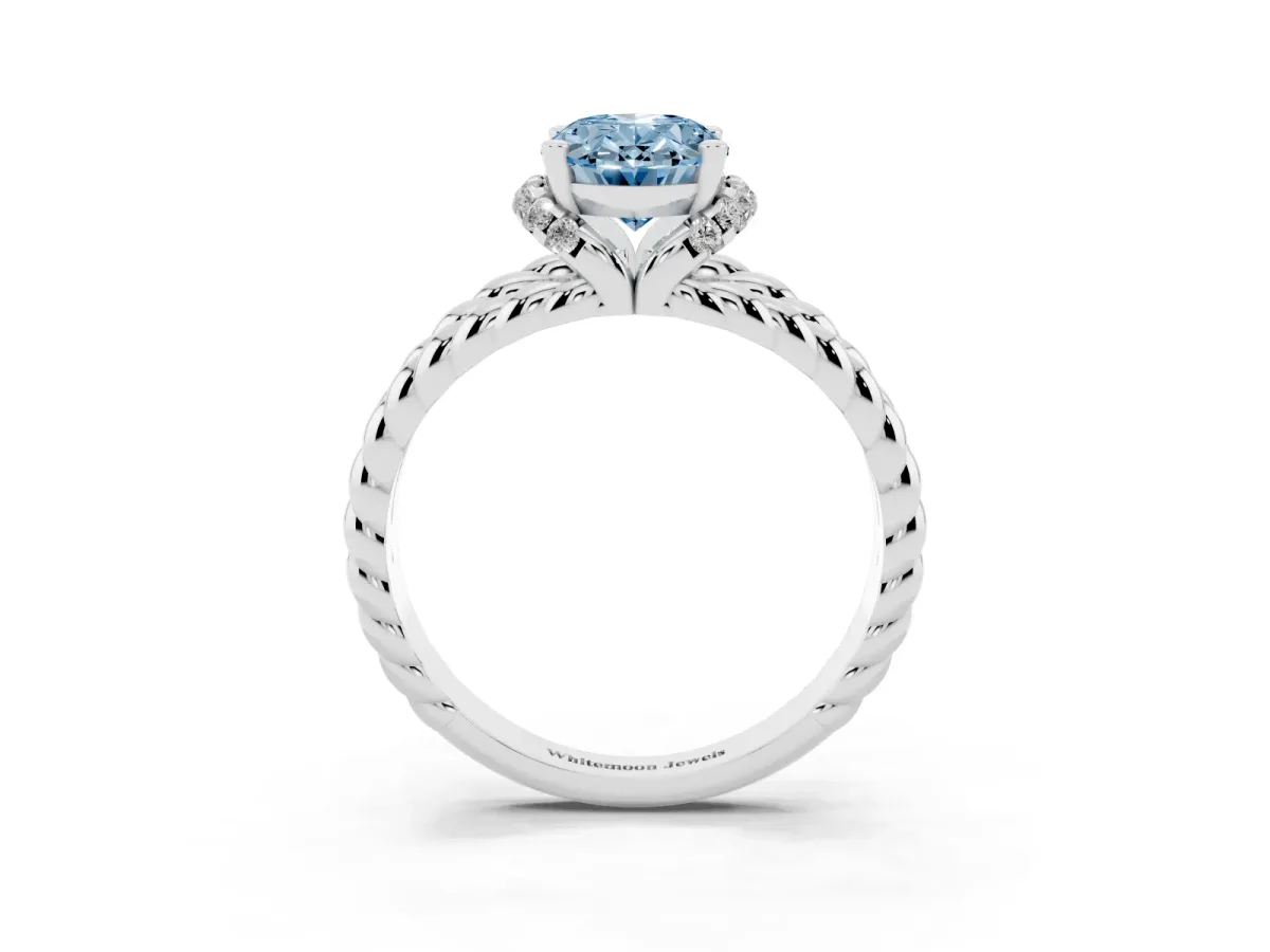 Fancy Blue Oval Cut Halo Twisted Band Four-Prong Ring Silver