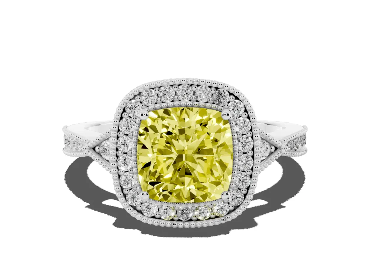 Fancy Yellow Cushion Cut Halo Round Diamond Milgrain Pave Engagement Ring Silver