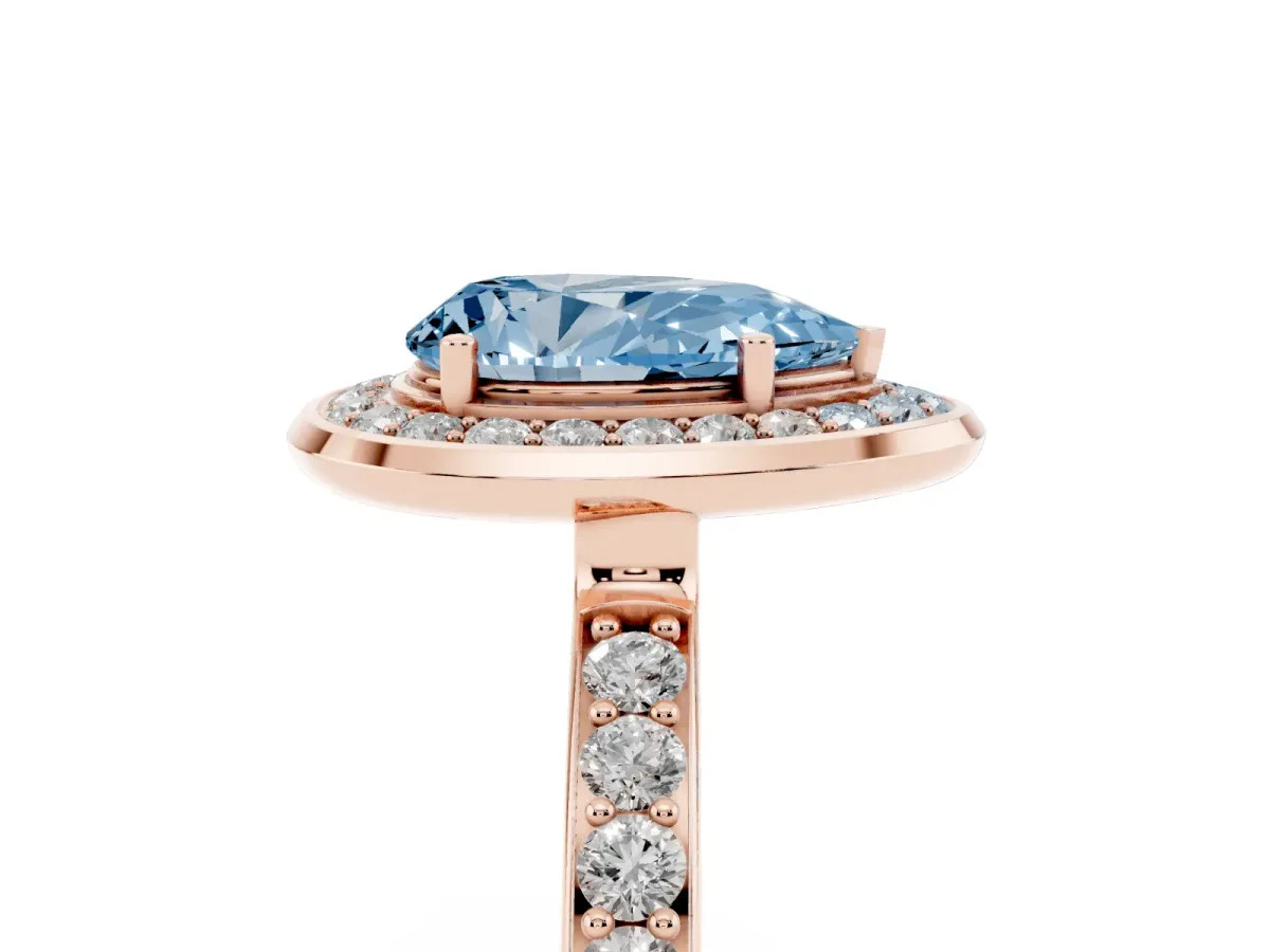 Fancy Blue Pear Cut Diamond Halo Ring with Bezel Frame and Pavé Band Rose gold