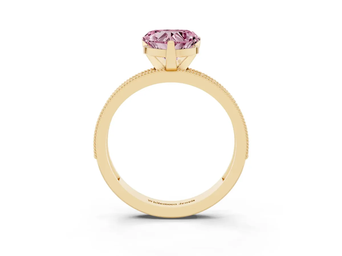 Fancy Pink Heart Cut Diamond Milgrain Pavé Engagement Ring with Four-Prong Setting Yellow gold