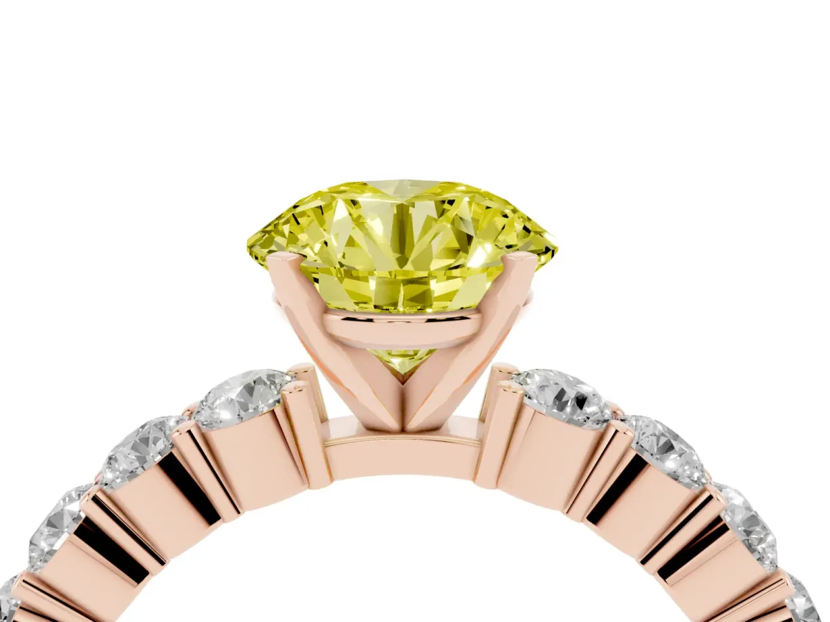 Fancy Yellow Round Cut Diamond Solitaire Ring with Shared Prong Round Side Stones Rose gold