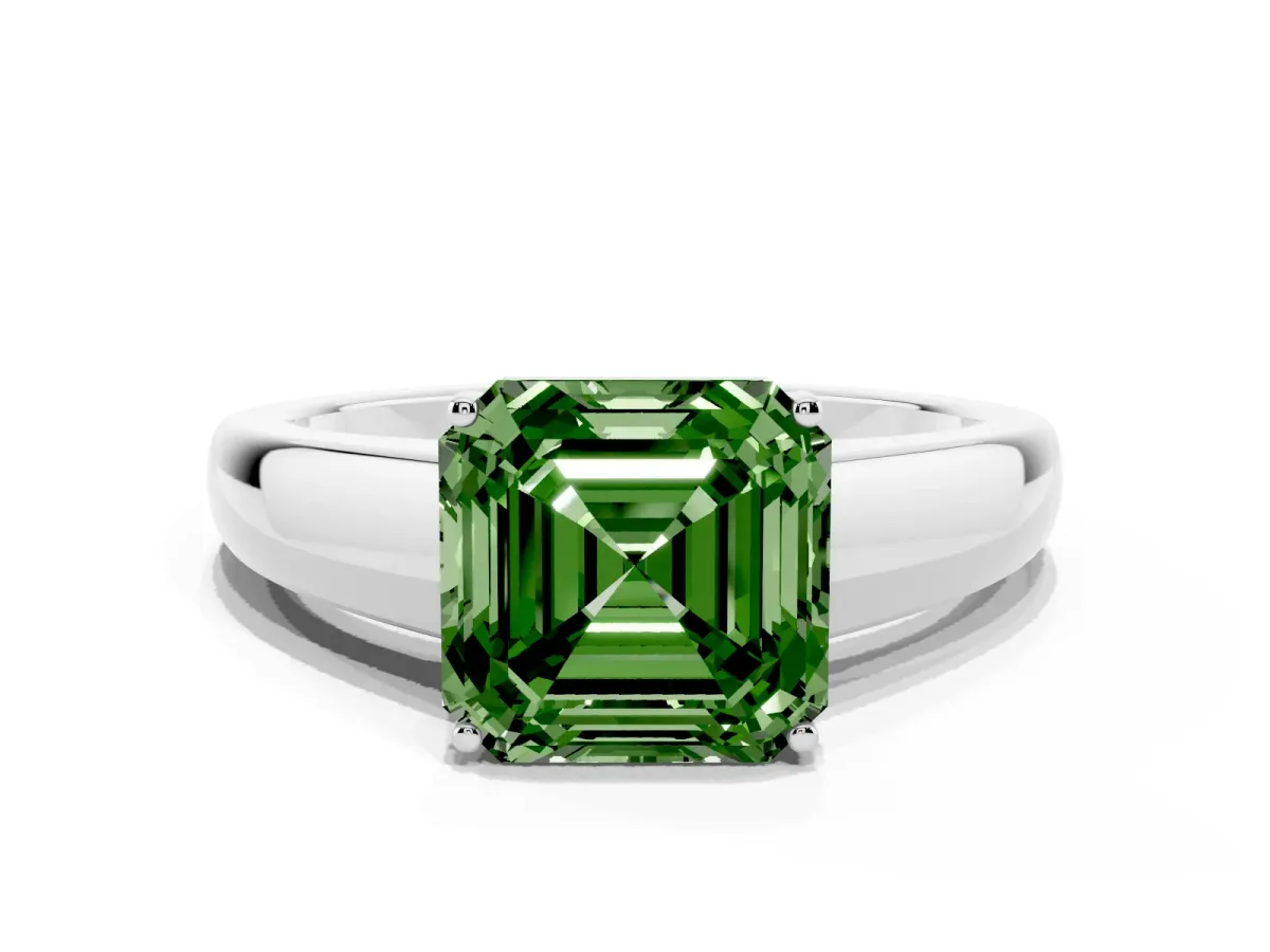 Fancy Green Asscher Cut Solitaire Diamond Ring with Tapered Band and Four-Prong Setting Platinum