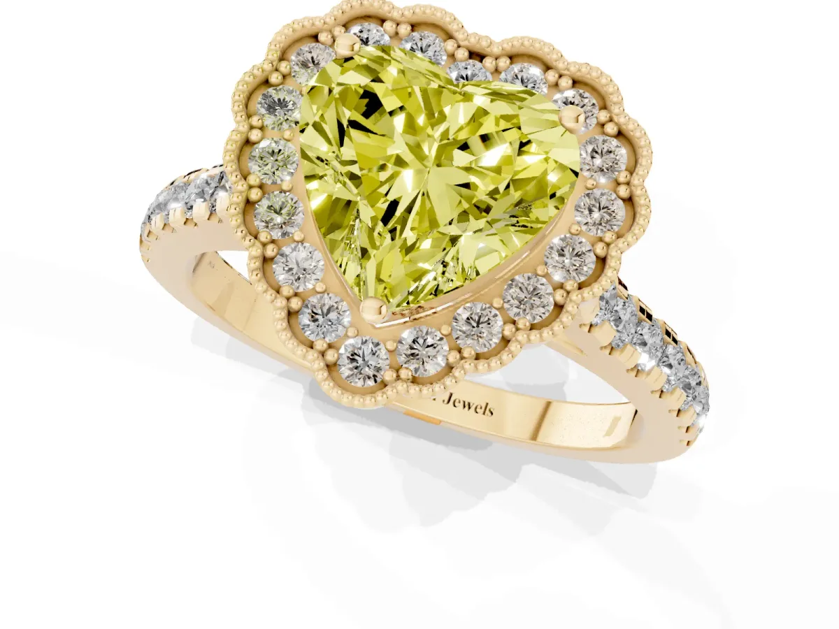 Fancy Yellow Heart Cut Cut Diamond Milgrain Floral Halo Engagement Ring with Pavé Band Yellow gold