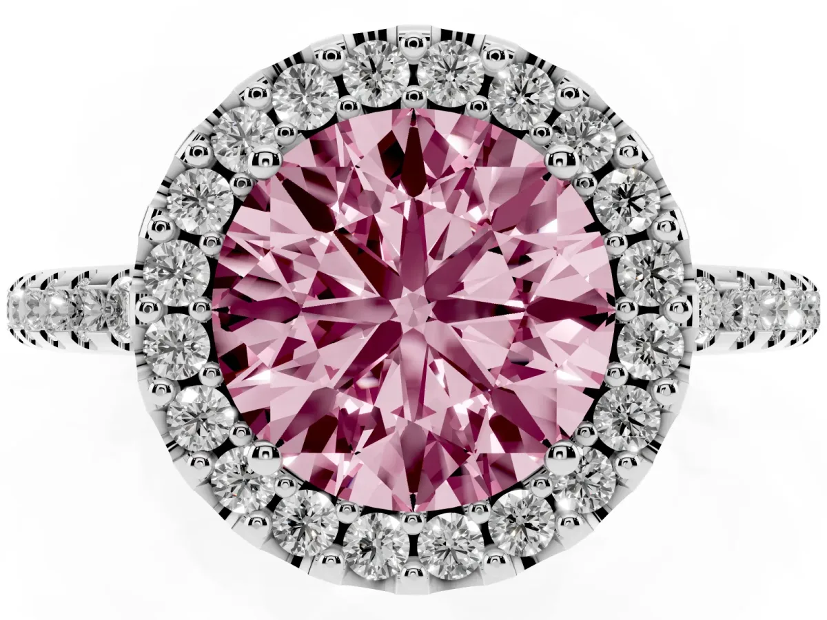 Fancy Pink Round Cut Diamond Pavé Halo Ring with Four-Prong Setting Silver