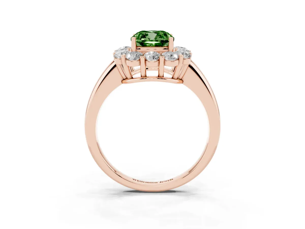 Fancy Green Cushion Cut Halo Cluster Diamond Engagement Ring with Prong Setting and Polished Band Rose gold