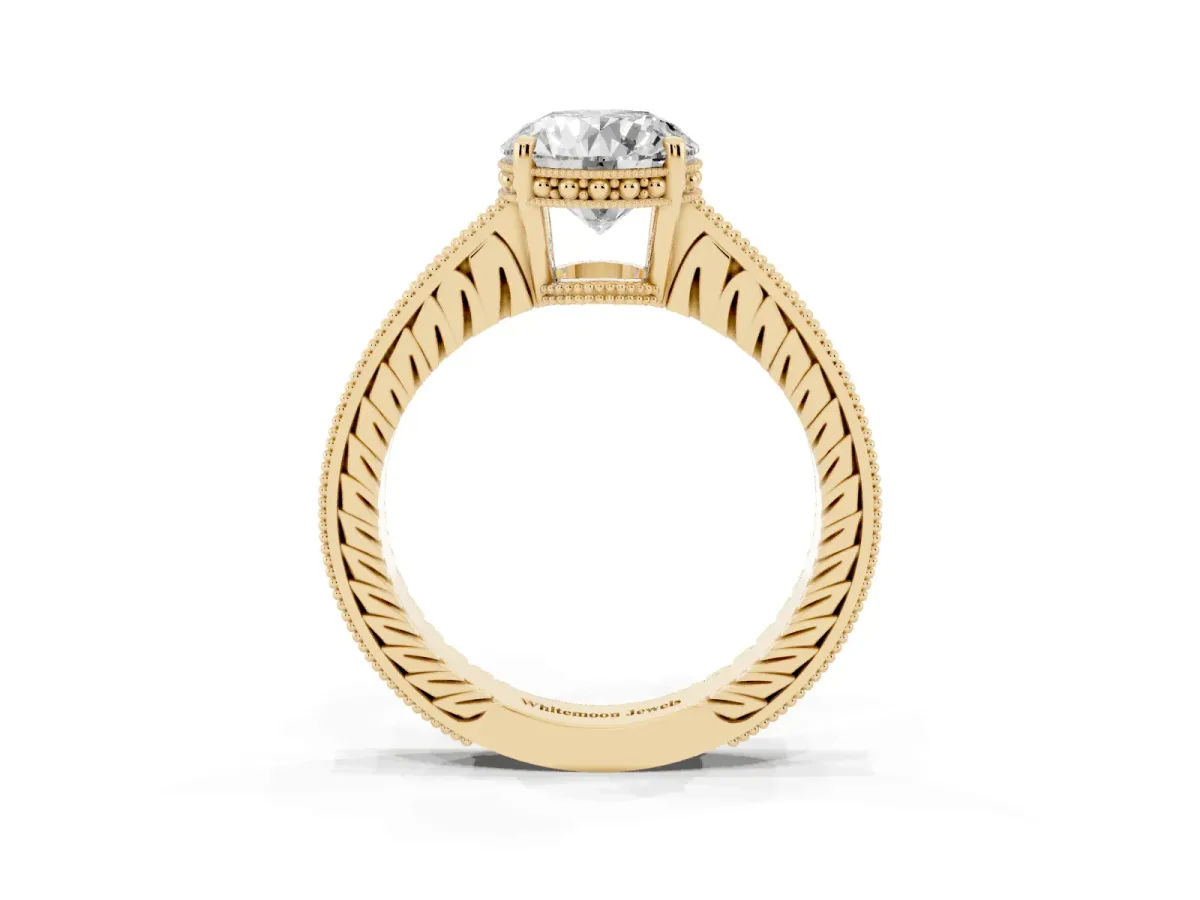Round Cut Solitaire Pavé Diamond Milgrain Engagement Ring with Four-Prong Setting Yellow gold