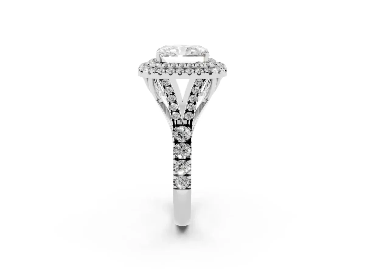 Radiant Cut Cut Double Halo Split Shank Diamond Ring with Prong Setting Silver