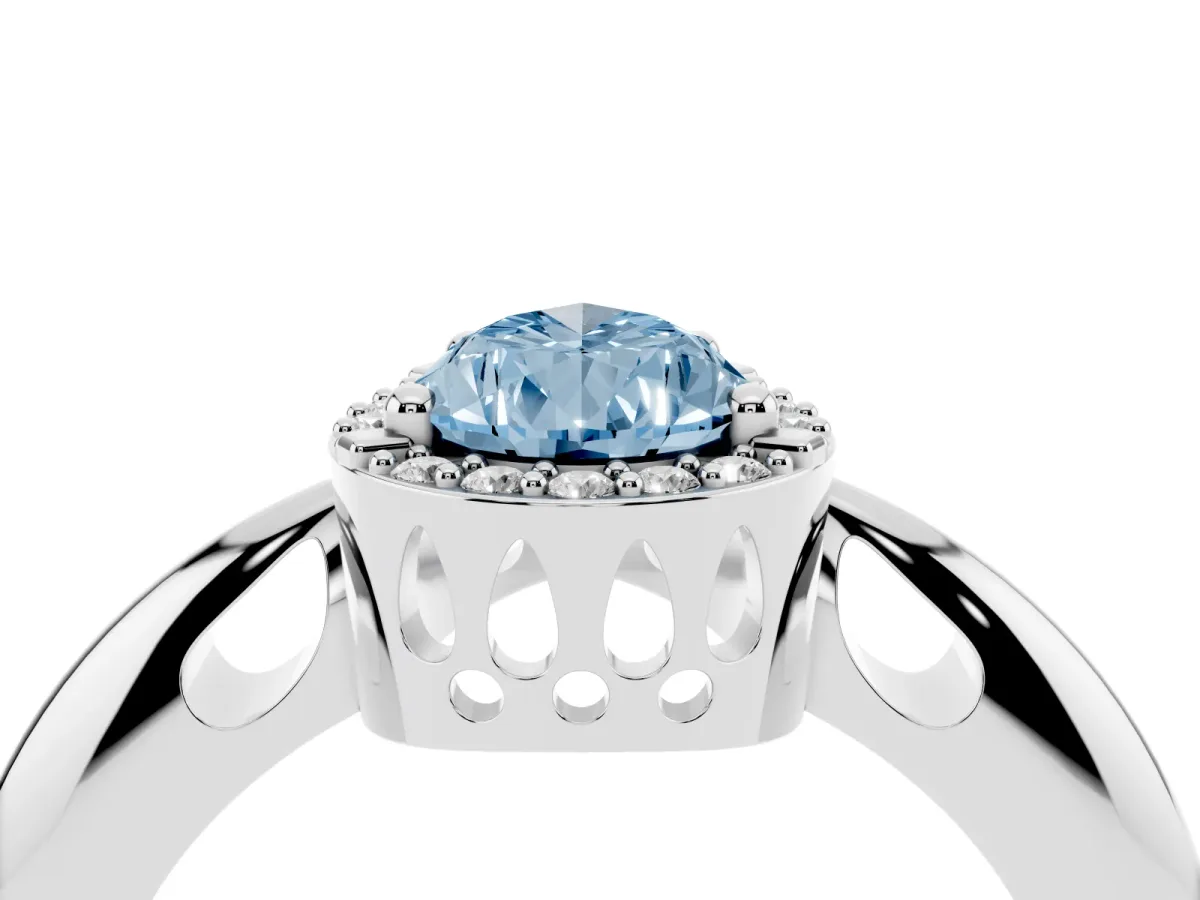 Fancy Blue Pear Cut Cut Diamond Halo Engagement Ring with Split Shank and Four-Prong Setting Silver