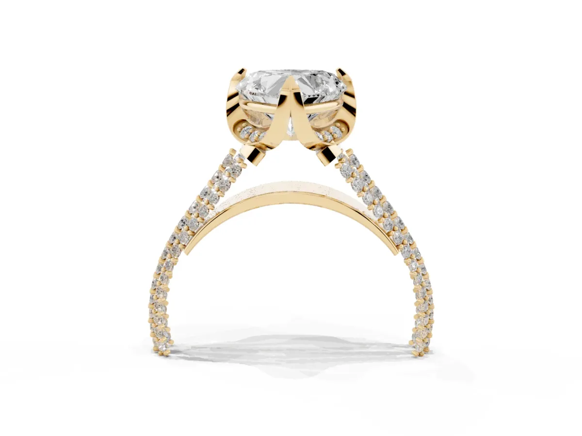 Heart Cut Solitaire Pave Split Shank Ring with Four-Prong Setting Yellow gold