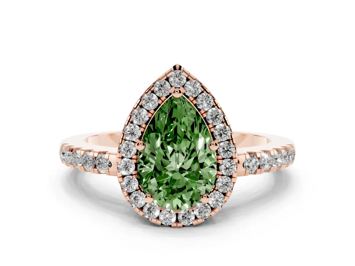 Fancy Green Pear Cut Halo Diamond Engagement Ring with Pavé Band and Four-Prong Setting Rose gold