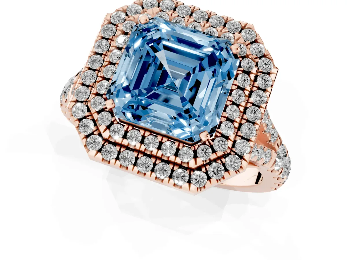 Fancy Blue Asscher Cut Diamond Pavé Split Shank Double Halo Engagement Ring Rose gold