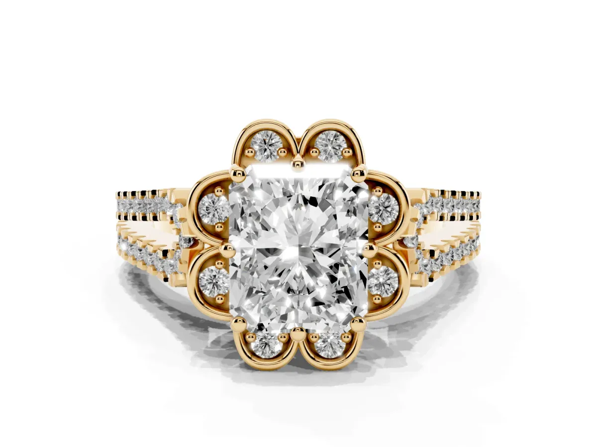 Radiant Cut Halo Diamond Floral Split Shank Engagement Ring Yellow gold