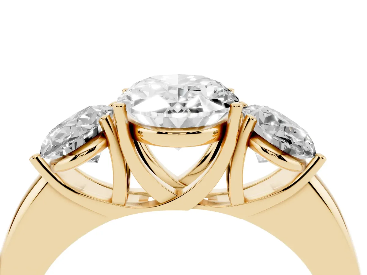 Oval Cut Diamond Three-Stone Ring with Four-Prong Setting and Classic Band Yellow gold