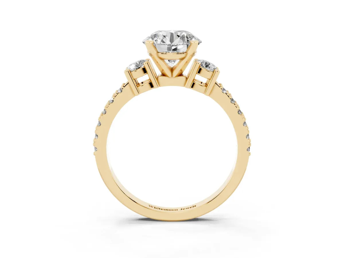 Round Cut Three-Stone Diamond Pavé Band with Prong Setting Yellow gold