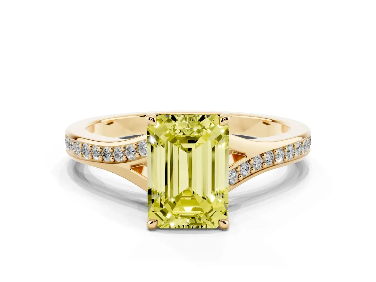 Fancy Yellow Emerald Cut Diamond Solitaire Ring with Pavé Band and Prong Setting Yellow gold