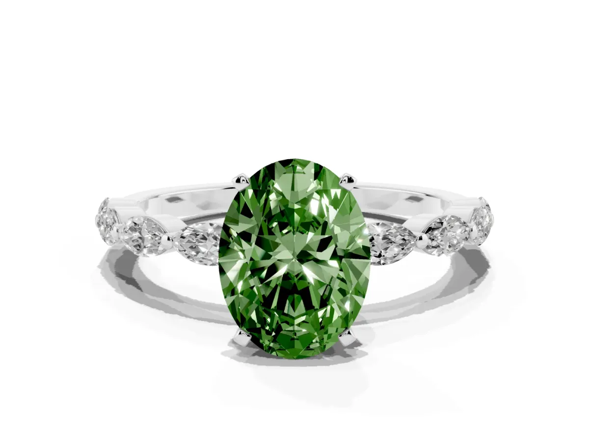Fancy Green Oval Cut Diamond Ring with Marquise Side Stones and Prong Setting Platinum