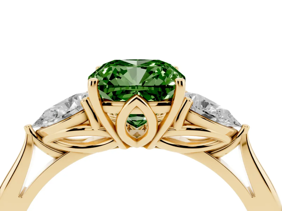 Fancy Green Three-Stone Cushion Cut Brilliant Diamond Solitaire Ring with Tapered Band and Four-Prong Setting Yellow gold