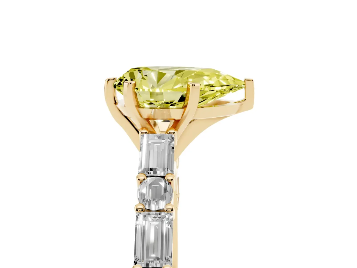 Fancy Yellow Pear Cut Diamond Solitaire with Side Baguettes and Channel Set Band Yellow gold