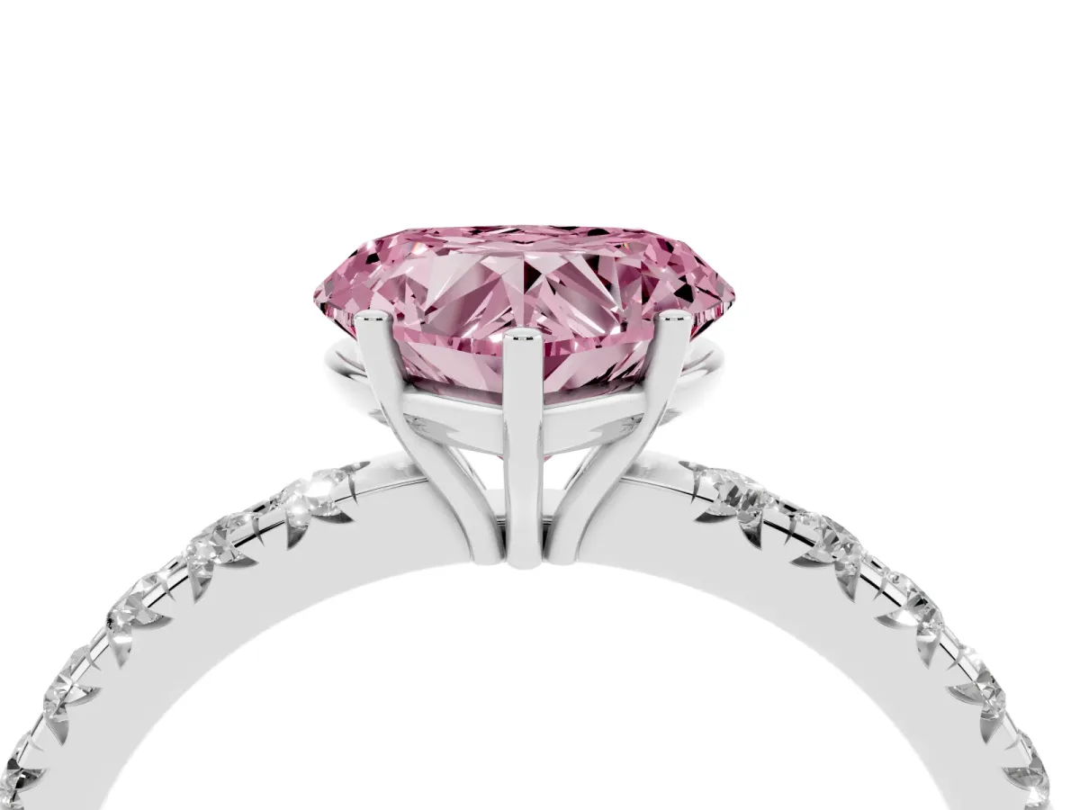Fancy Pink Heart Cut Diamond Pavé Solitaire Engagement Ring with Four-Prong Setting Silver