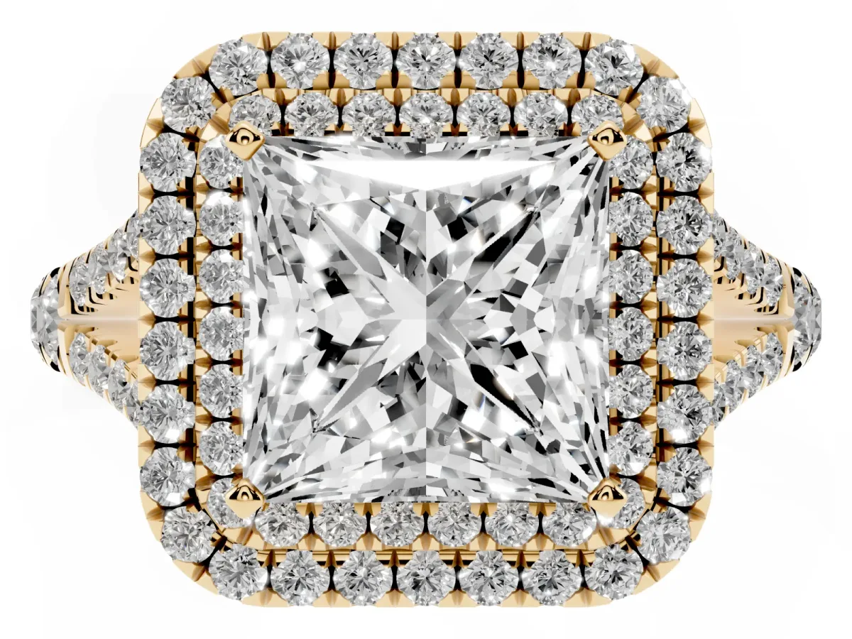 Double Halo Princess Cut Diamond Split Shank Engagement Ring with Four-Prong Setting Yellow gold